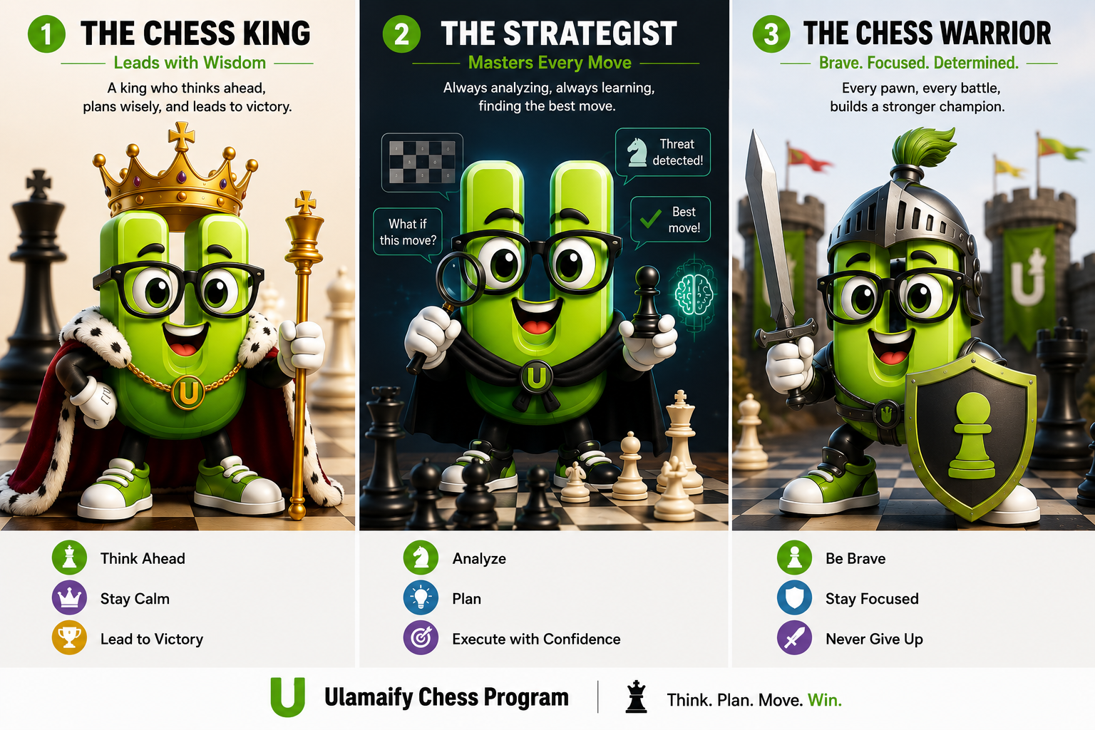 Three Ulamaify chess learning roles: the chess king, strategist, and chess warrior