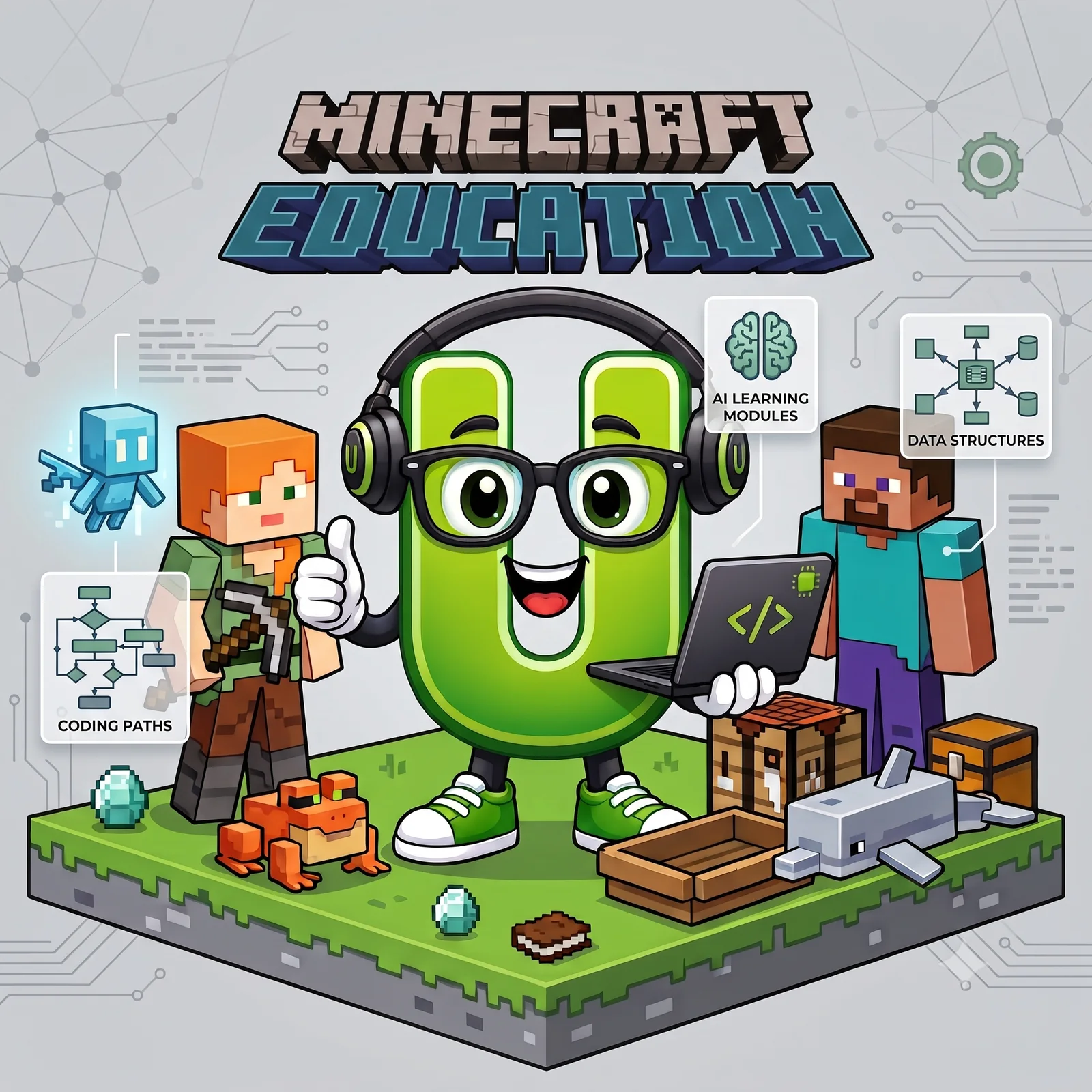 Ulamaify Minecraft learning character surrounded by coding, AI, and block-building concepts