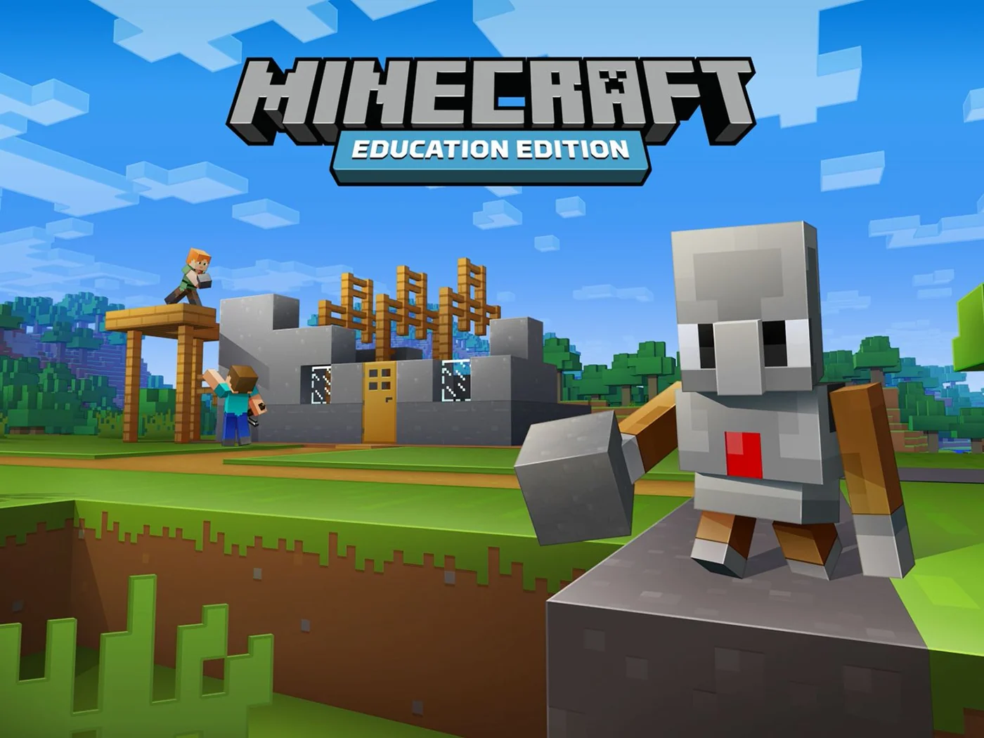 Minecraft Education scene with characters, building, and the Agent
