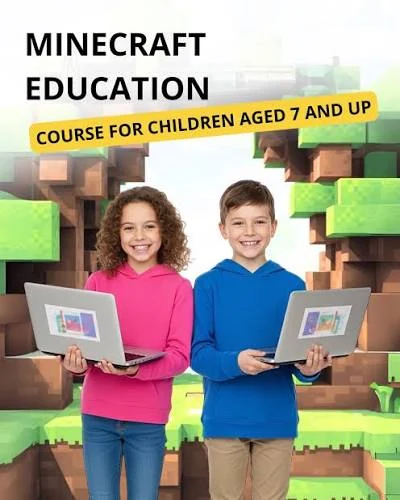 Two children holding laptops in a Minecraft Education course image