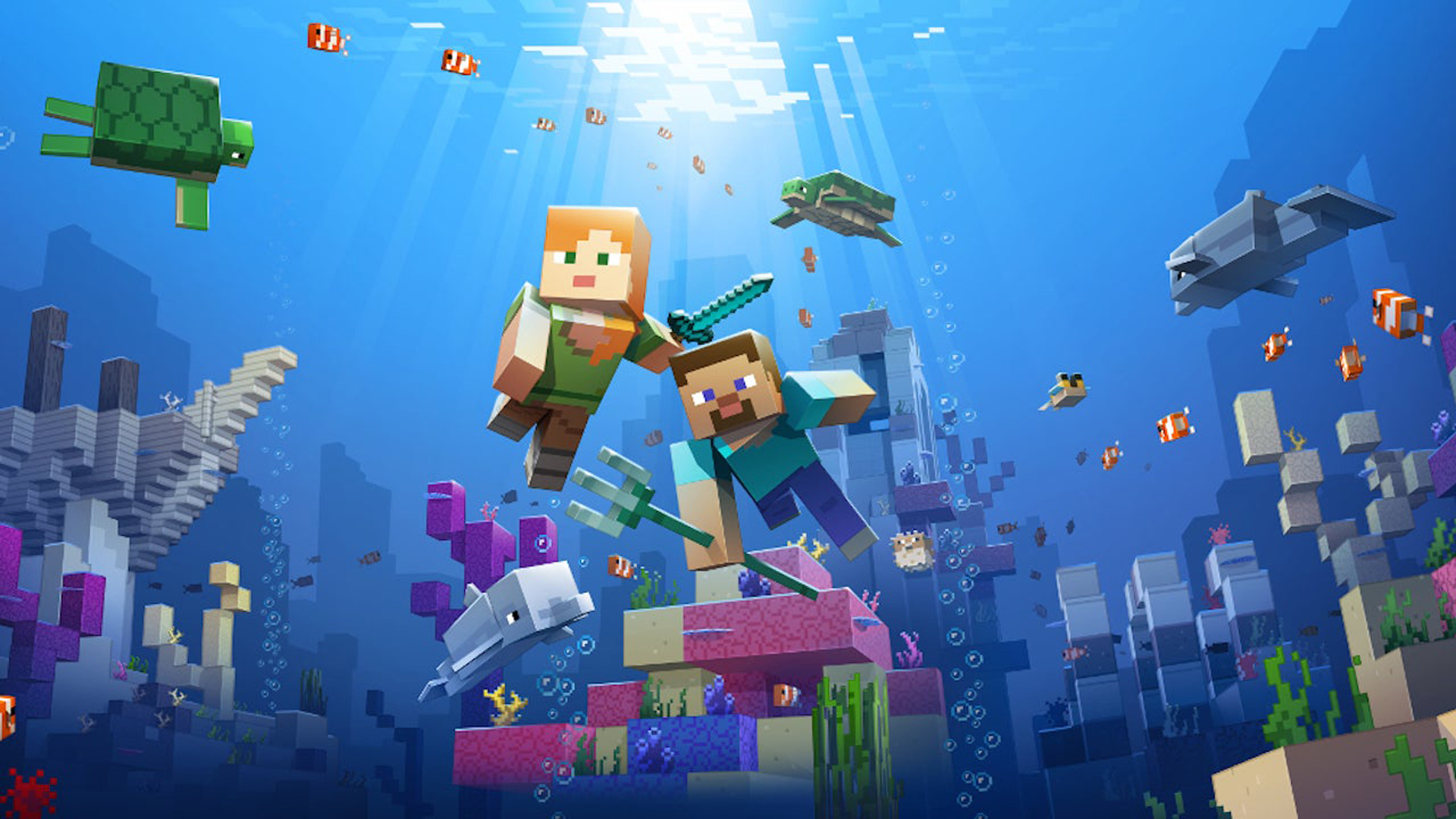 Minecraft underwater world with characters, sea creatures, and coral